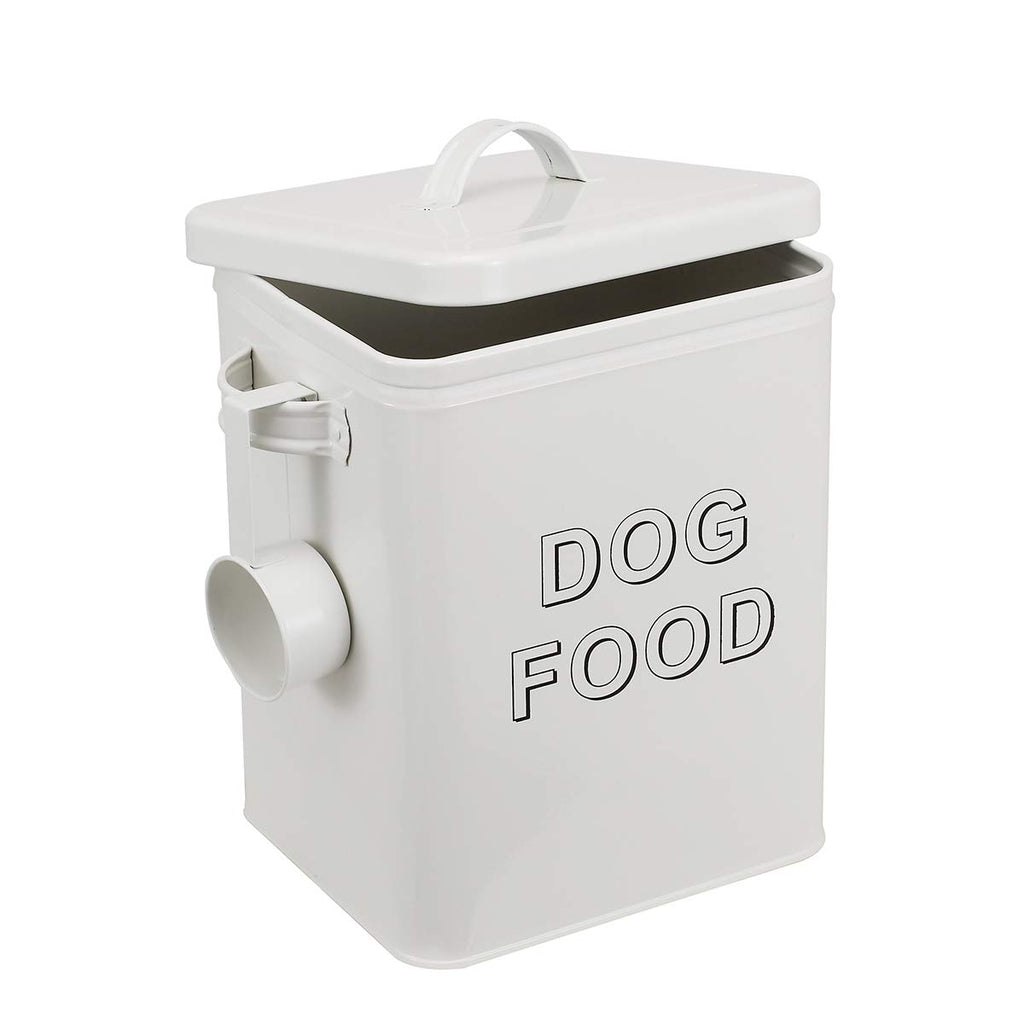 Airtight Dog Treat Container and Food Storage Tin with Lid, Handle, Scoop, 4-5 lbs Capacity, White T2834