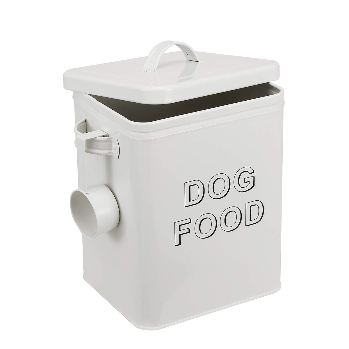 Airtight Dog Treat Container and Food Storage Tin with Lid, Handle, Scoop, 4-5 lbs Capacity, White T2834