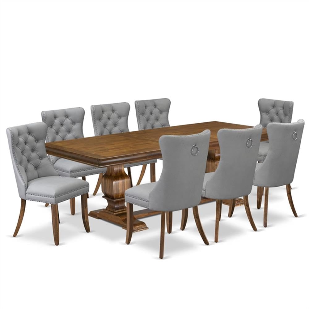 9-Piece Acacia Wood Dining Table Set with 8 Gray Faux Leather Chairs S49919