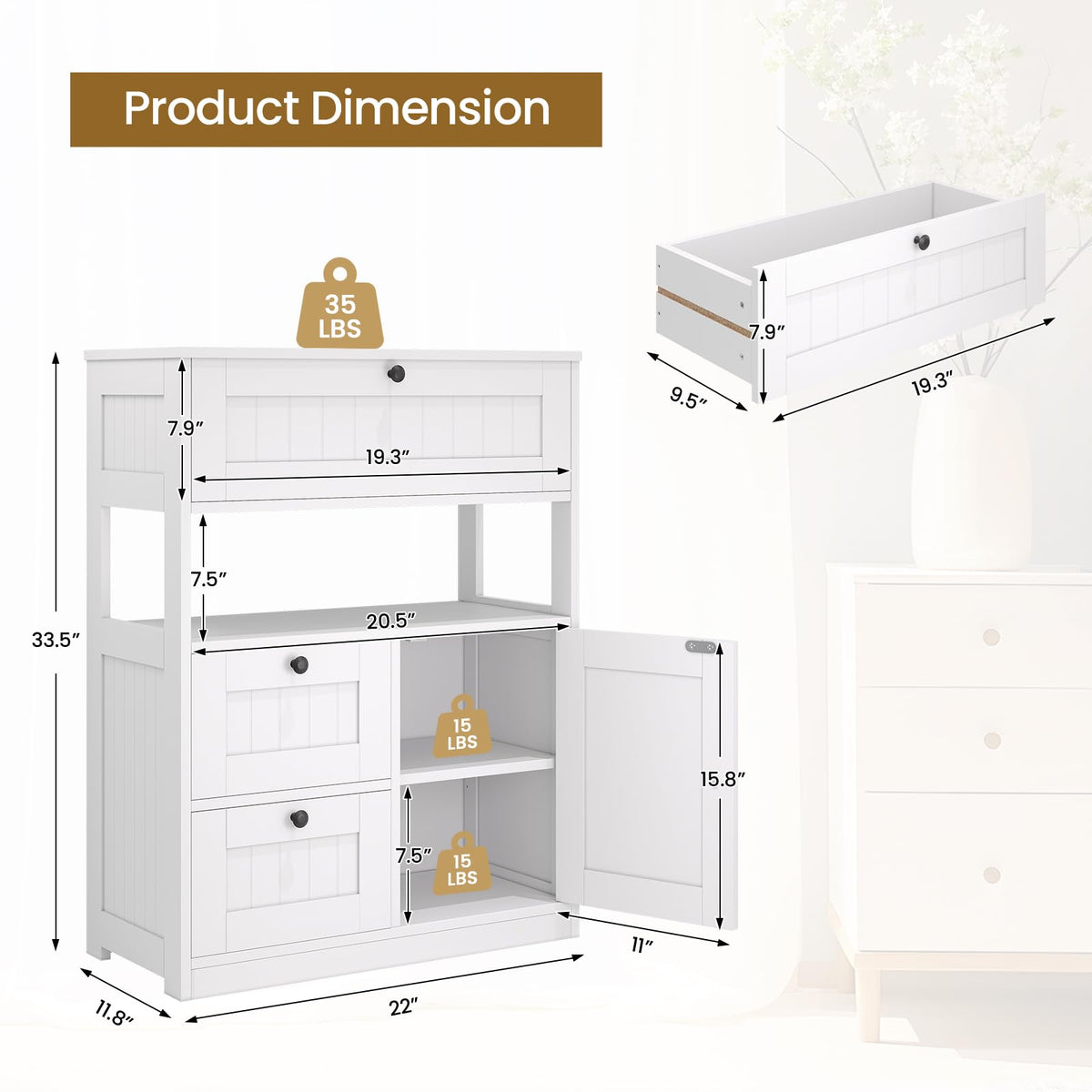 Bathroom Floor Storage Cabinet with 1 Door and 3 Drawers Y5455