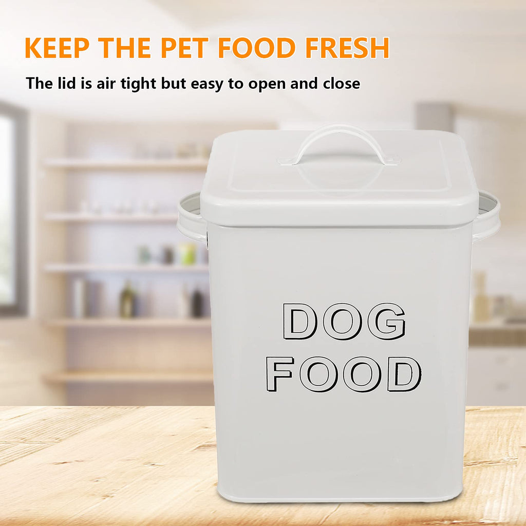 Airtight Dog Treat Container and Food Storage Tin with Lid, Handle, Scoop, 4-5 lbs Capacity, White T2834