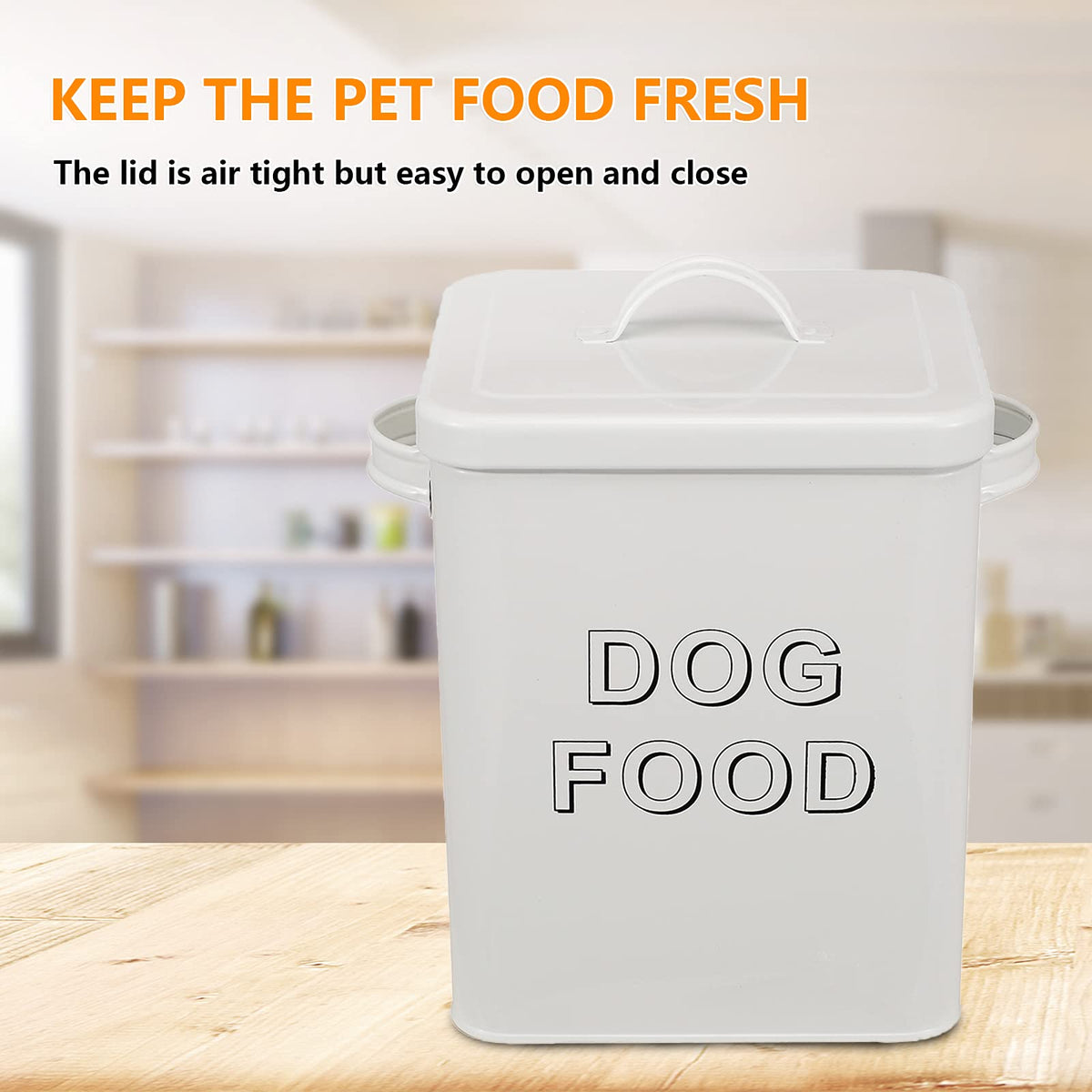 Airtight Dog Treat Container and Food Storage Tin with Lid, Handle, Scoop, 4-5 lbs Capacity, White T2834