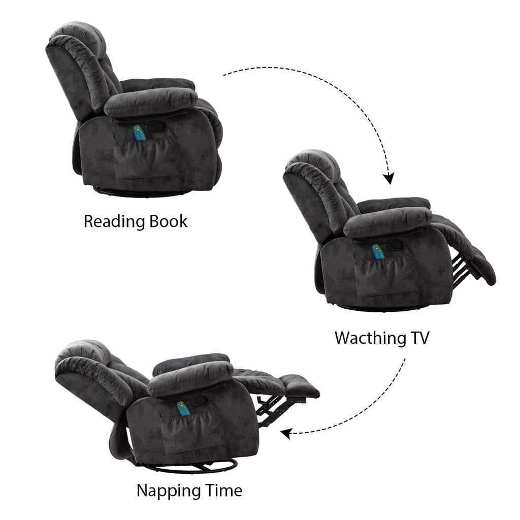 Grey Manual Swivel Rocker Recliner with Heat and Vibration V1799
