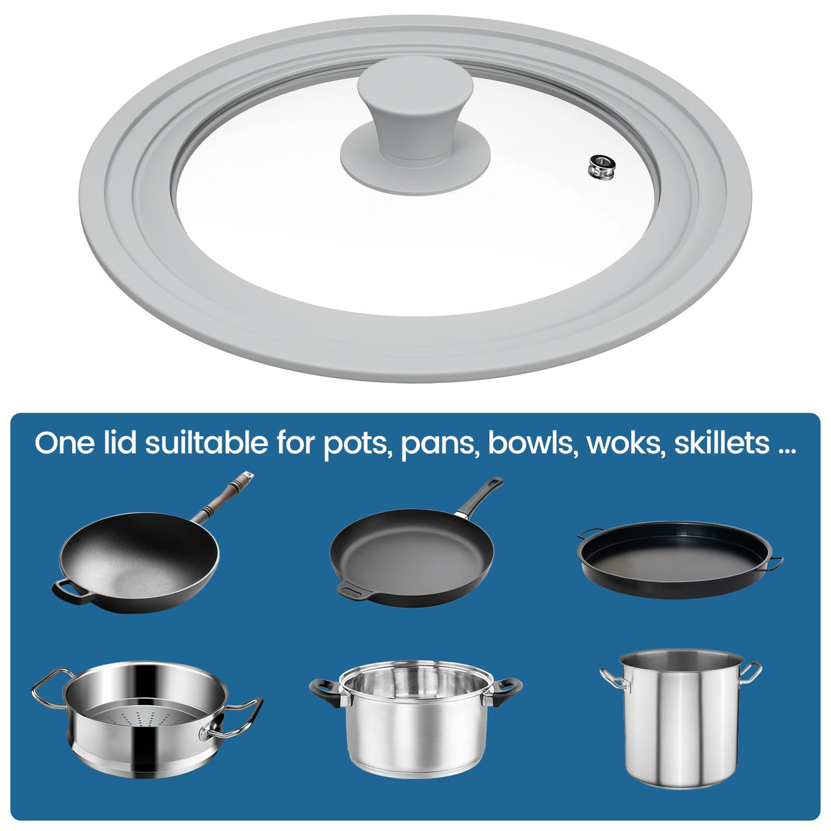 Tempered Glass Universal Lid with Silicone Rim Fits 8" 9" 9.5" Cookware H36817