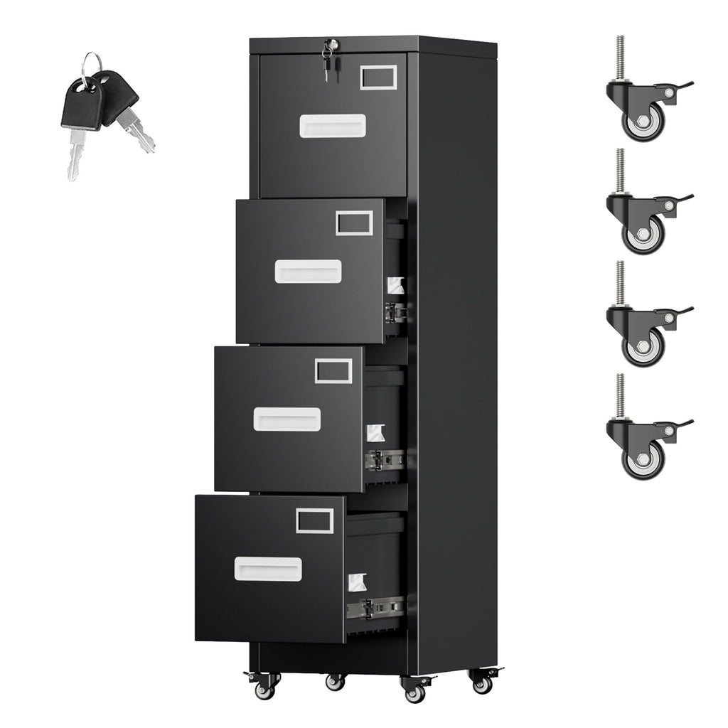 Metal 4 Drawer File Cabinet with Lock and Wheels, Black I958