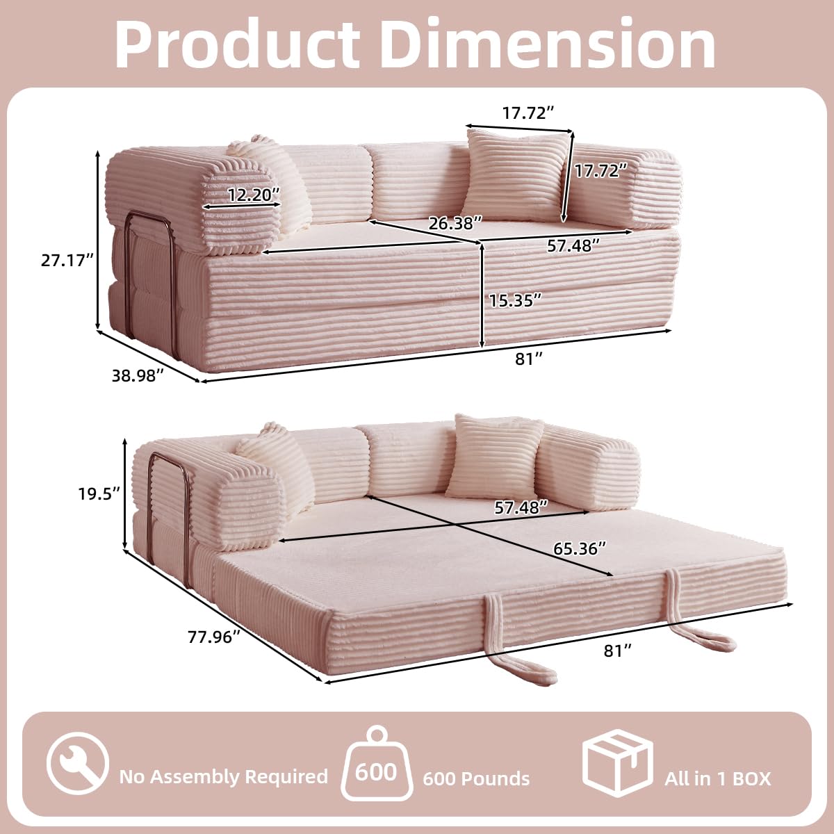 Pink 81 Inch Convertible Folding Sofa Bed K13912