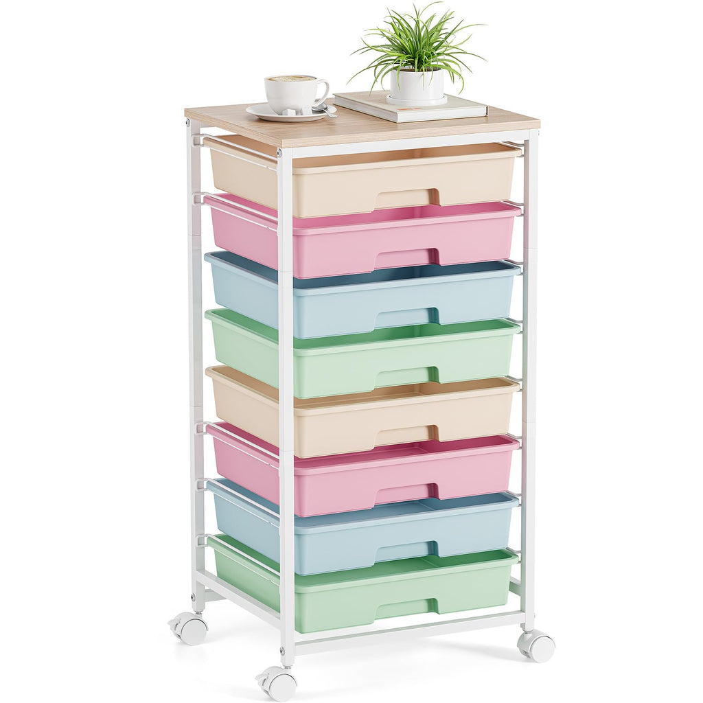 Rolling Storage Cart with 8 Drawers and Wooden Tabletop Q4227