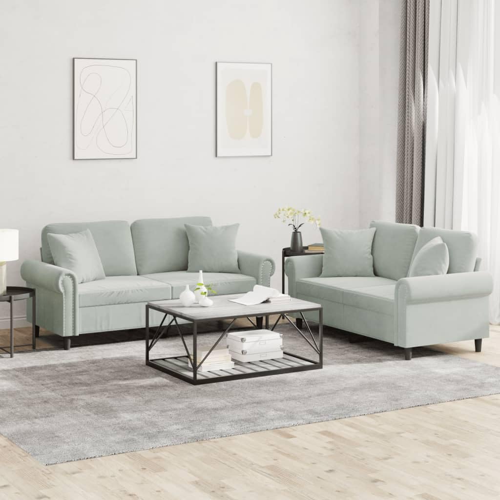 Light Gray Velvet 2 Piece Sofa Set with Throw Pillows G111460