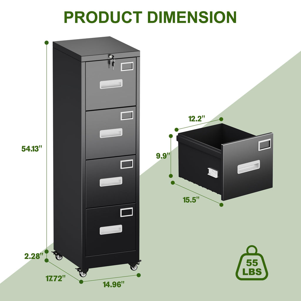 Metal 4 Drawer File Cabinet with Lock and Wheels, Black I958