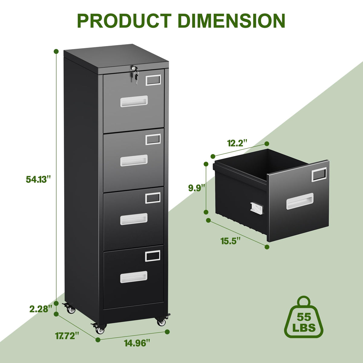 Metal 4 Drawer File Cabinet with Lock and Wheels, Black I958