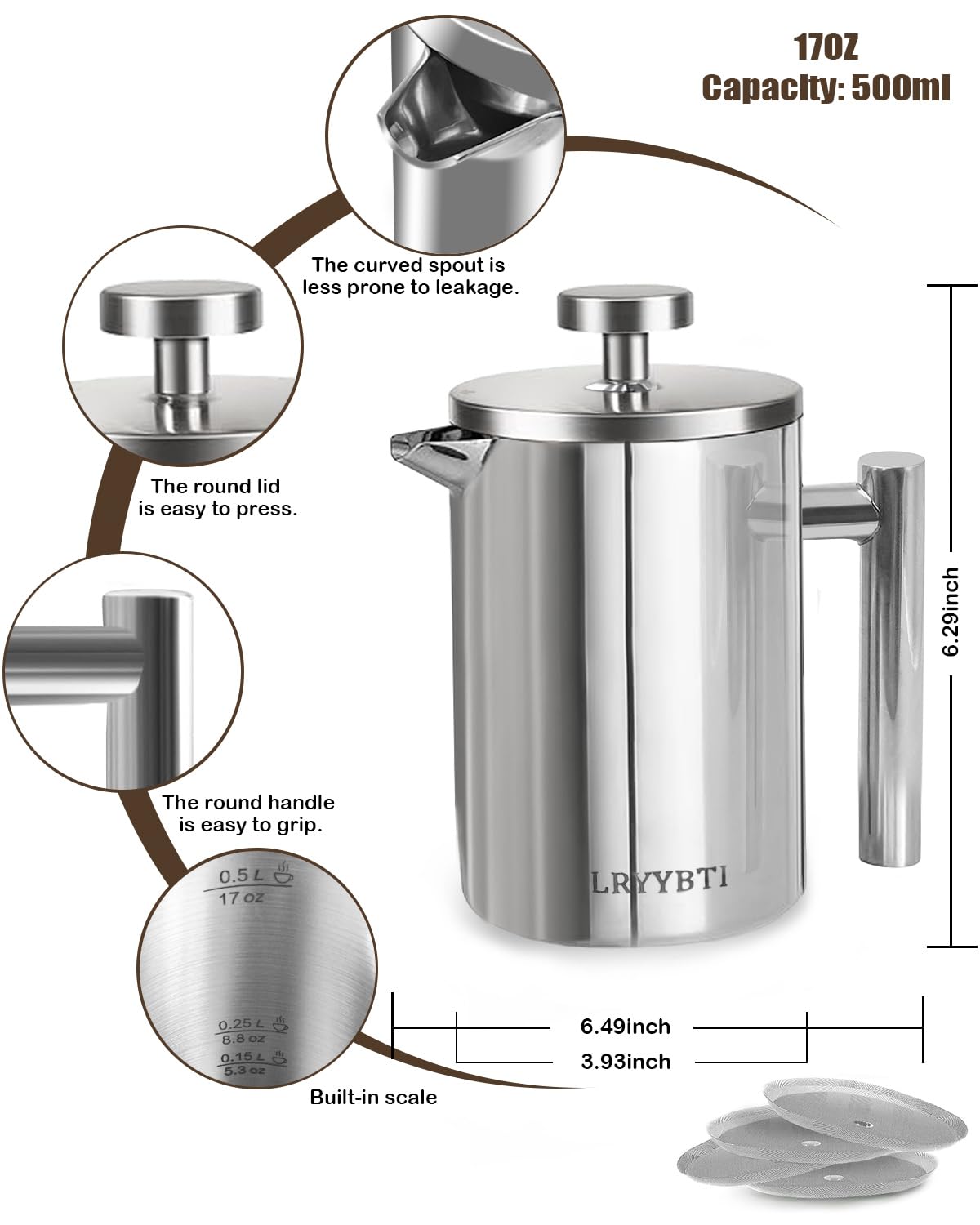 French Press Coffee Maker Stainless Steel 17 OZ U629105
