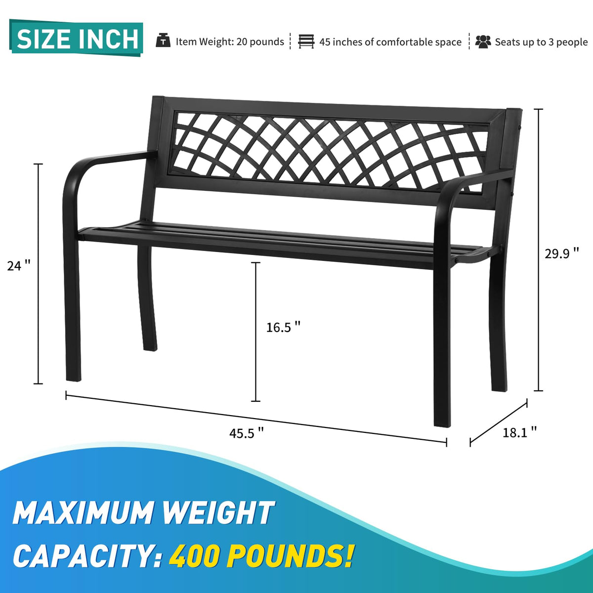Black Iron Steel Outdoor Bench with Backrest and Armrests B8403