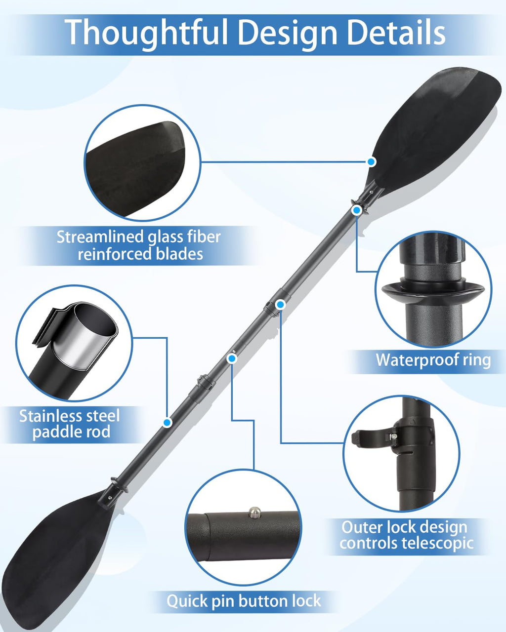 Adjustable Telescopic Kayak Paddle Stainless Steel Shaft Fiberglass Blades X9212