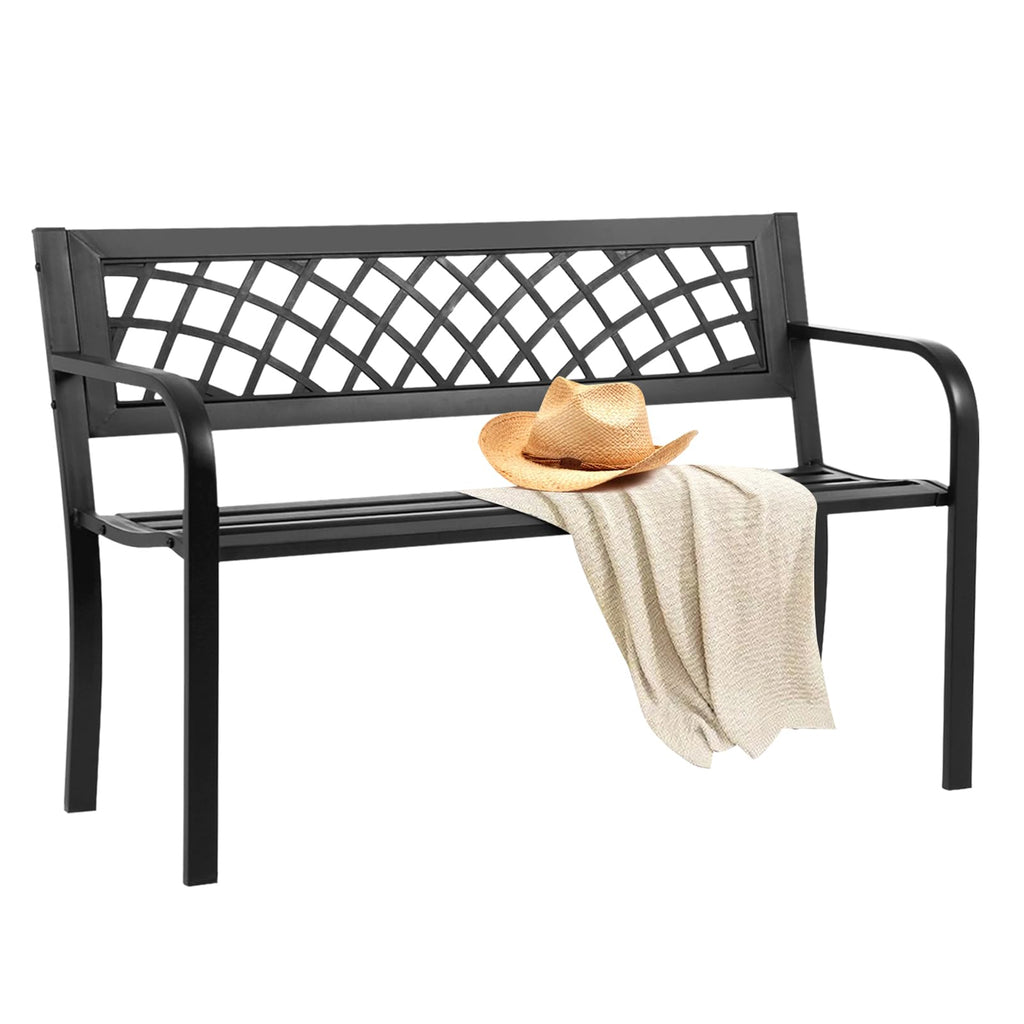 Black Iron Steel Outdoor Bench with Backrest and Armrests B8403