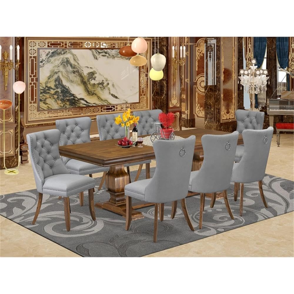 9-Piece Acacia Wood Dining Table Set with 8 Gray Faux Leather Chairs S49919