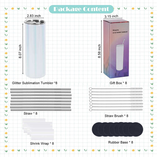 20 Oz 8 Pack Stainless Steel Glitter Sublimation Tumblers W2840