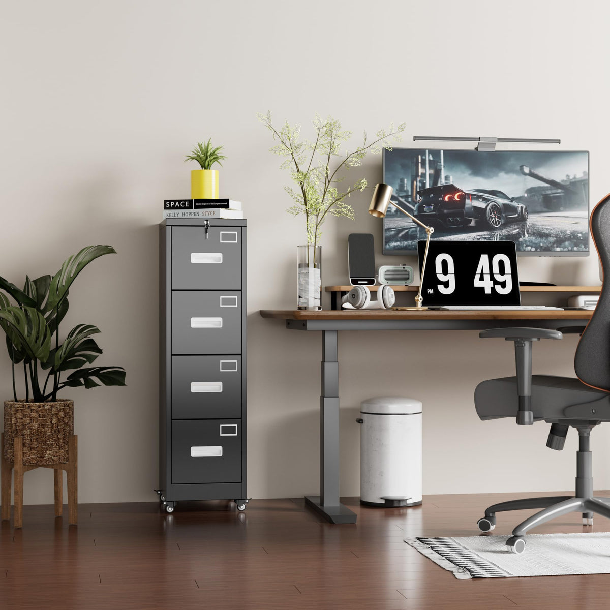 Metal 4 Drawer File Cabinet with Lock and Wheels, Black I958