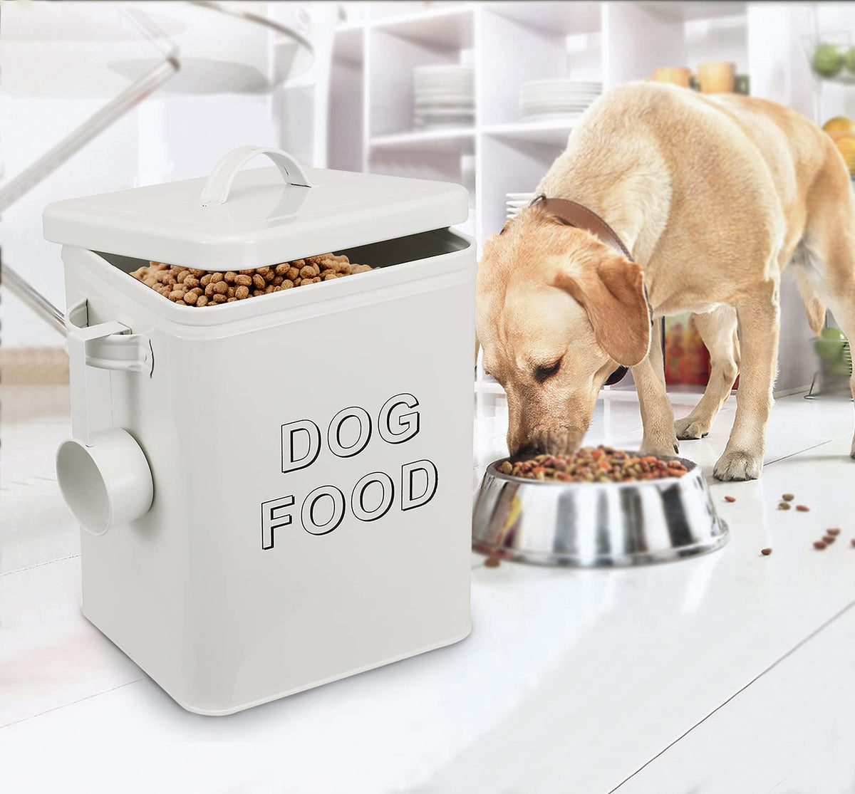 Airtight Dog Treat Container and Food Storage Tin with Lid, Handle, Scoop, 4-5 lbs Capacity, White T2834