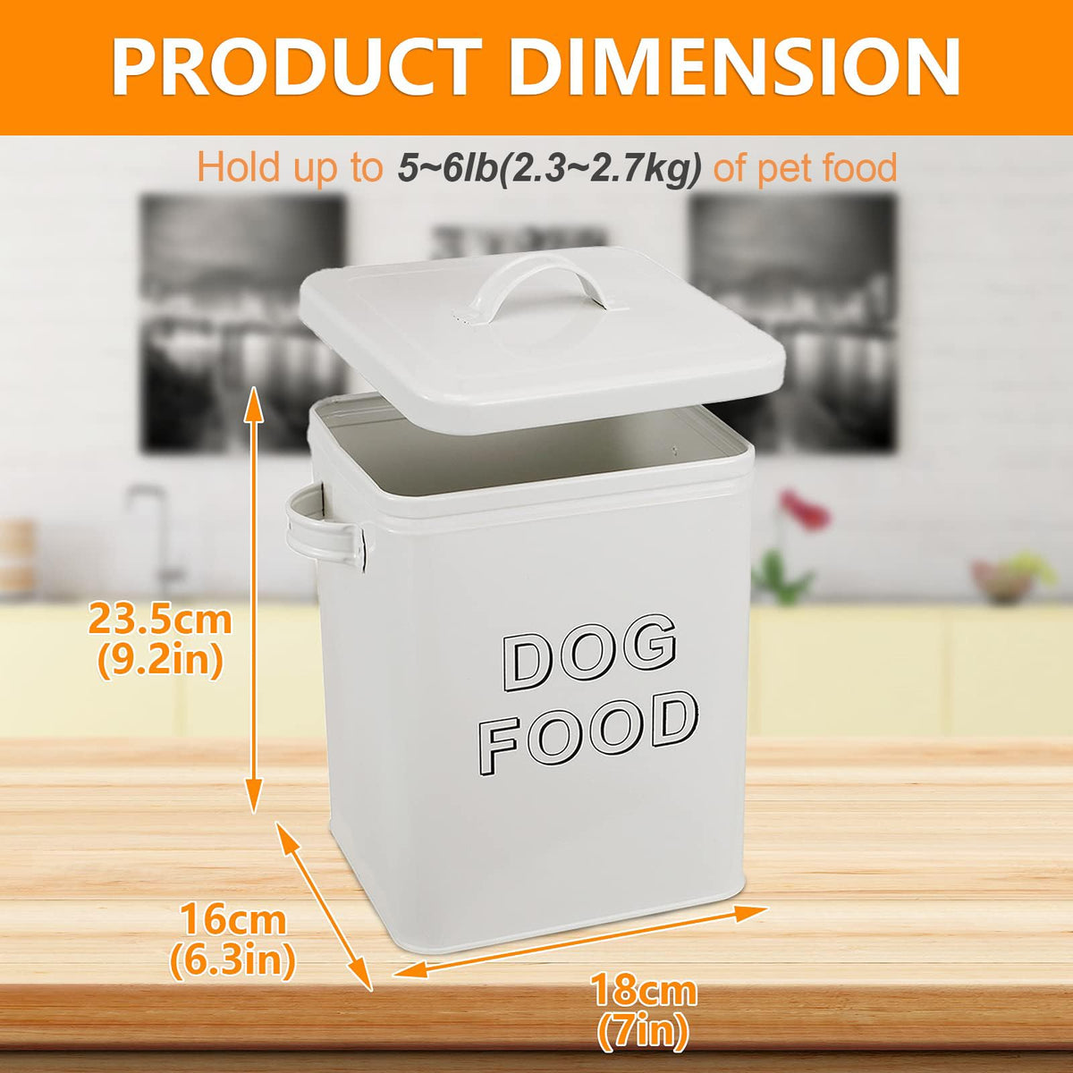 Airtight Dog Treat Container and Food Storage Tin with Lid, Handle, Scoop, 4-5 lbs Capacity, White T2834