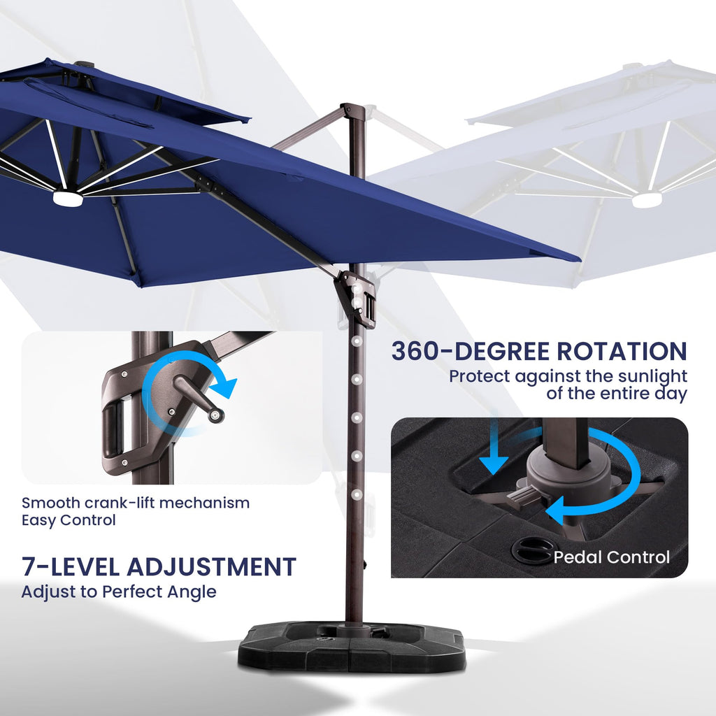 10x10 FT Cantilever Patio Umbrella with Base & LED P2420