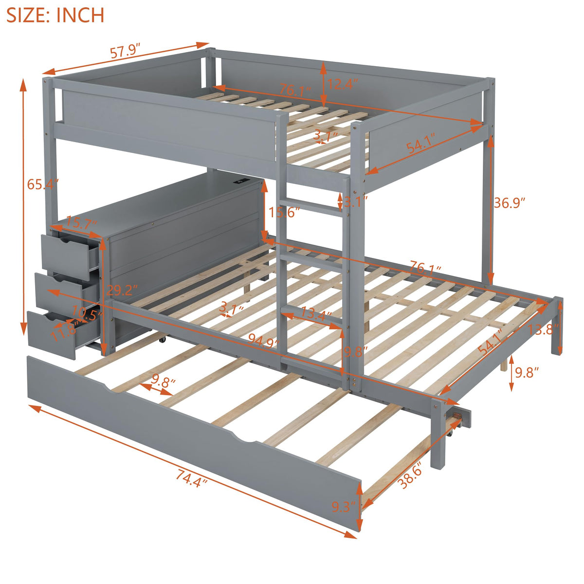 Gray Wood Full Over Full Bunk Bed with Twin Trundle I886