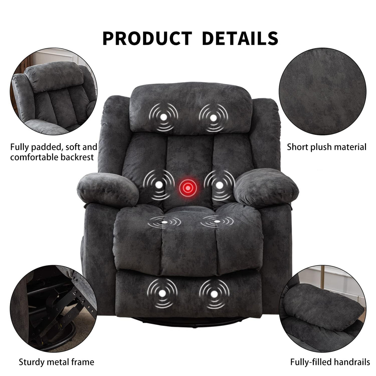 Grey Manual Swivel Rocker Recliner with Heat and Vibration V1799