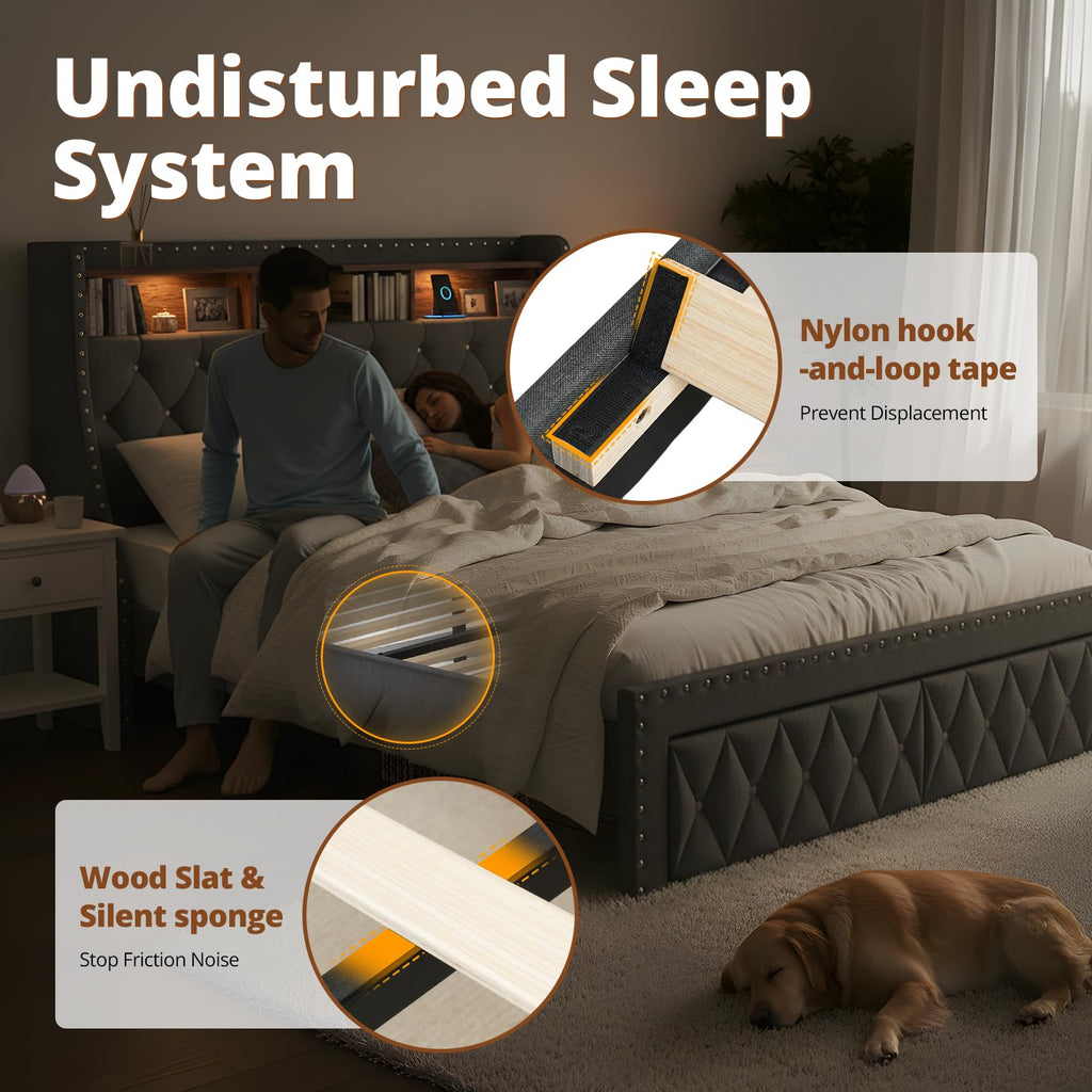 1000LBs Full Bed Frame with Hidden Storage, 2 Drawers and Charging Station Y141