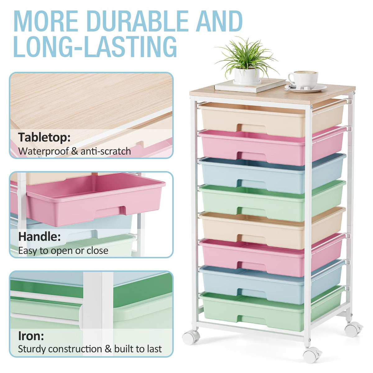 Rolling Storage Cart with 8 Drawers and Wooden Tabletop Q4227