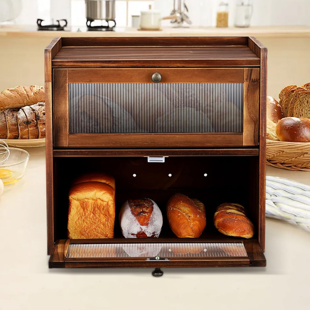 Wooden Bread Box 2 Tier Countertop Storage Organizer C457