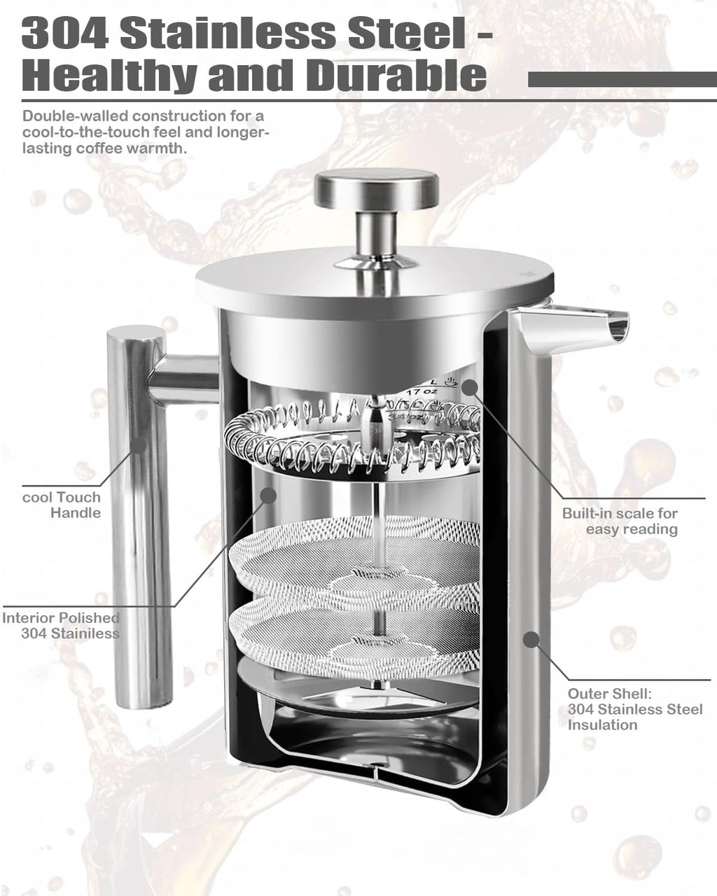 French Press Coffee Maker Stainless Steel 17 OZ U629105