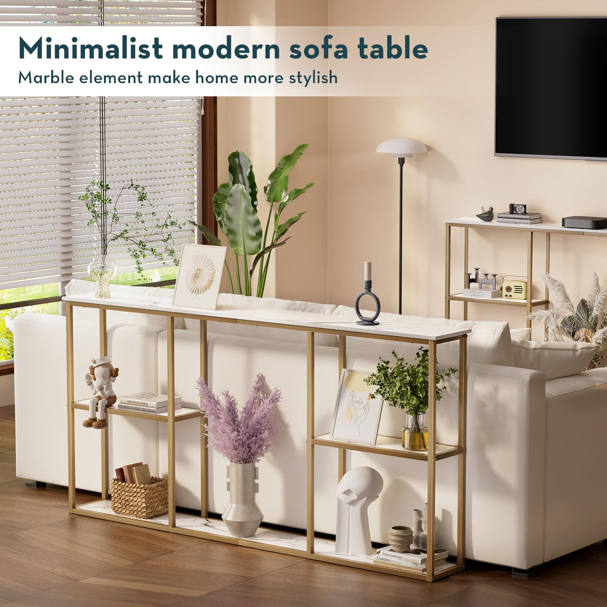 63 in Entryway Table with Shelves White Gold G64585