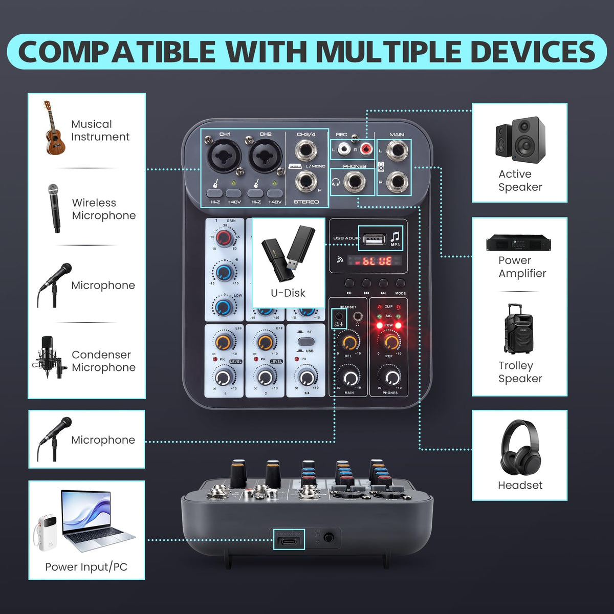 4 Channel DJ Audio Mixer with XLR 1/4" Interface Y47586