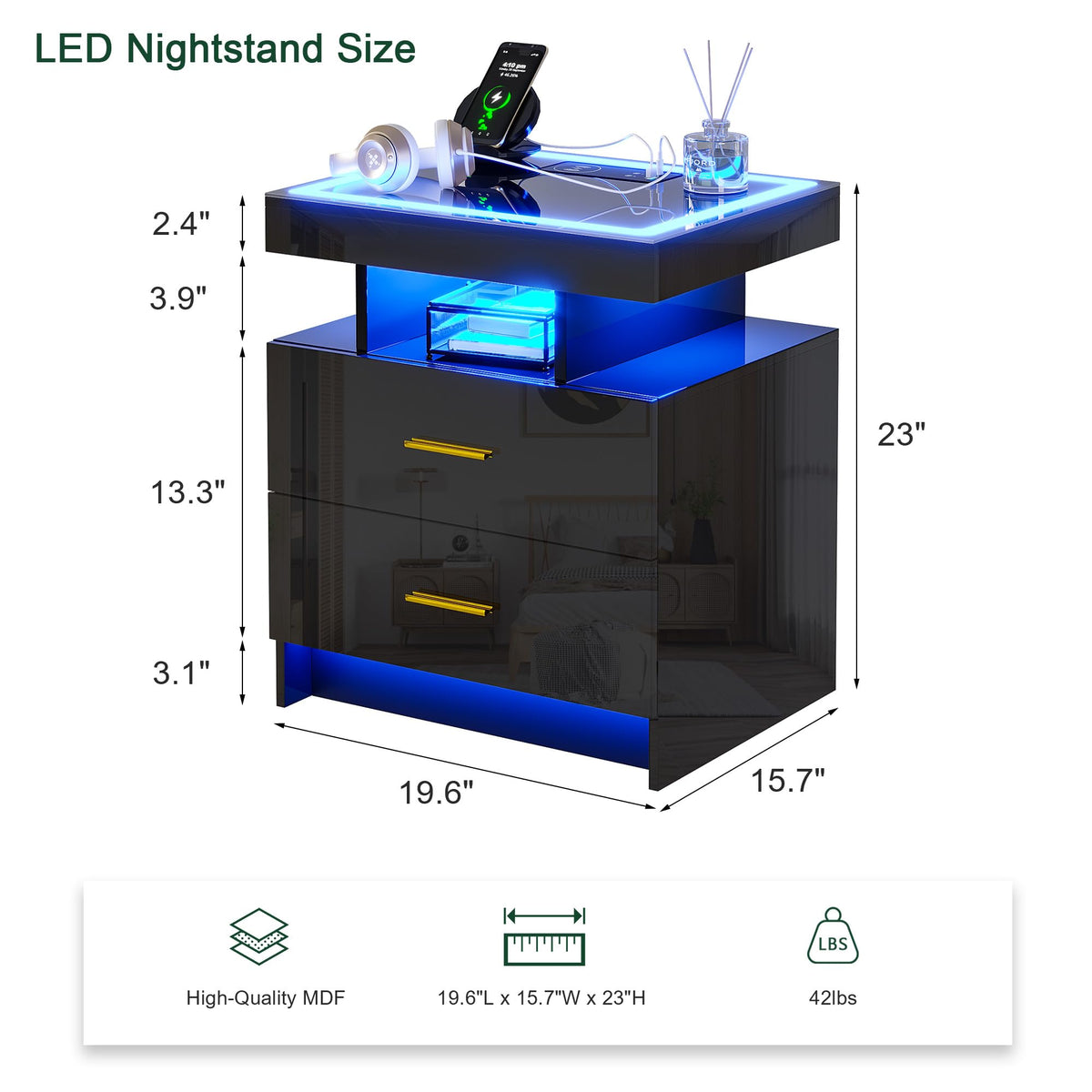 Black High Gloss Nightstand with Charging Station and 2 Drawers V27526