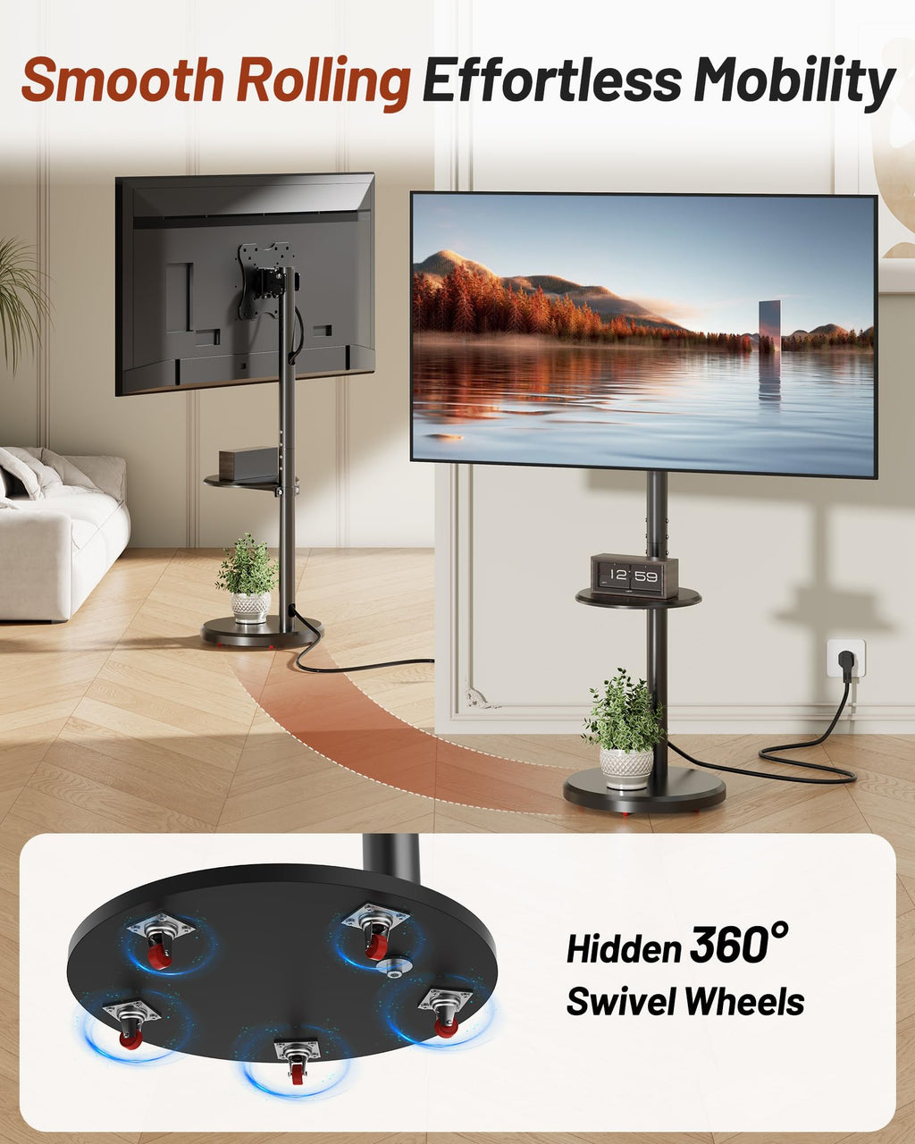 Rolling TV Stand with Shelf and Hidden Wheels U618244