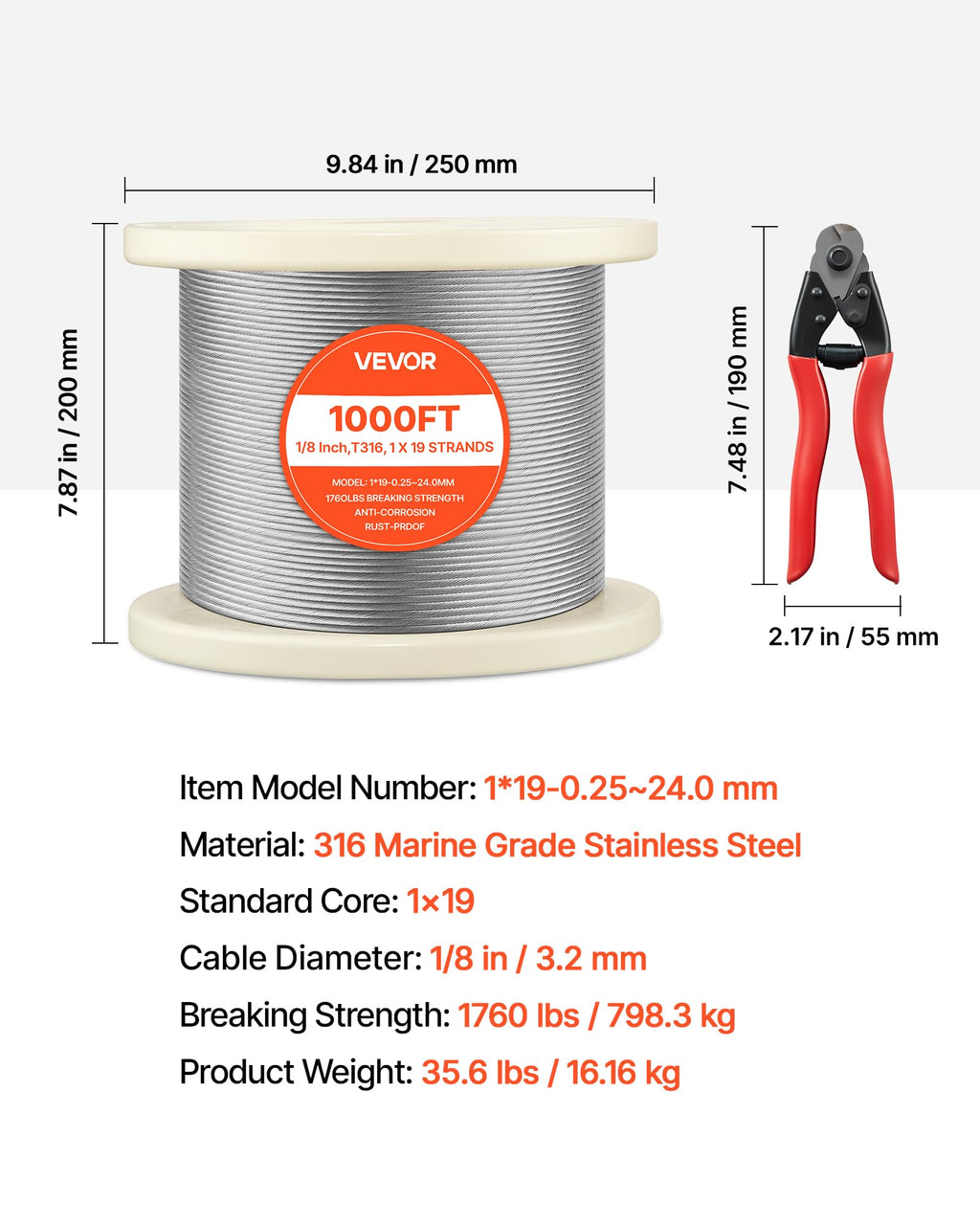 1/8 Inch 316 Stainless Steel Wire Rope S70300