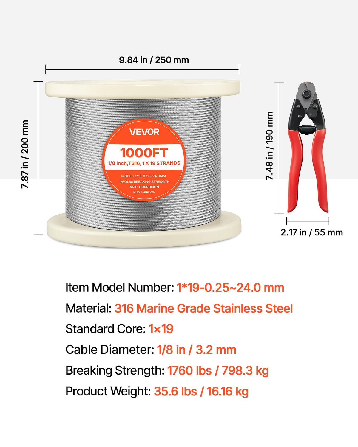 1/8 Inch 316 Stainless Steel Wire Rope S70300