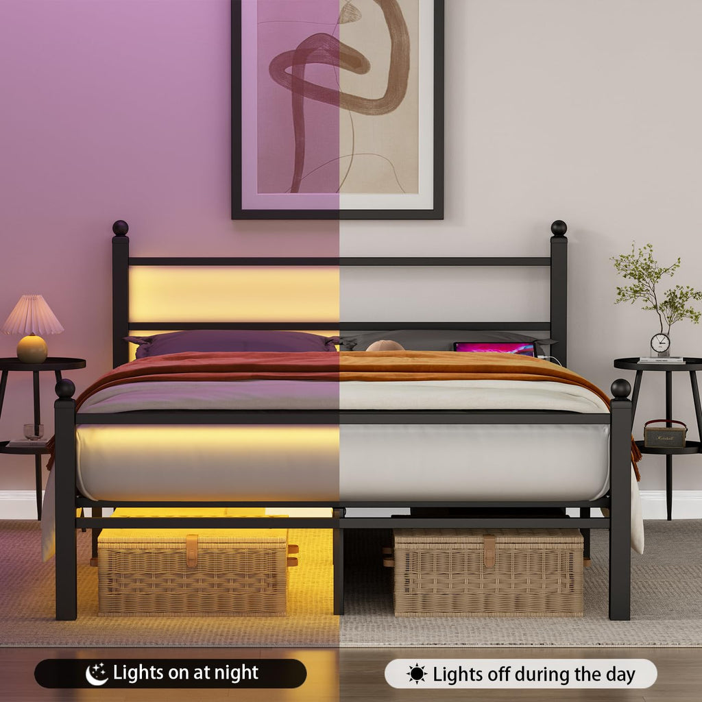 Black Metal Full Size Bed Frame with Headboard and Footboard W675