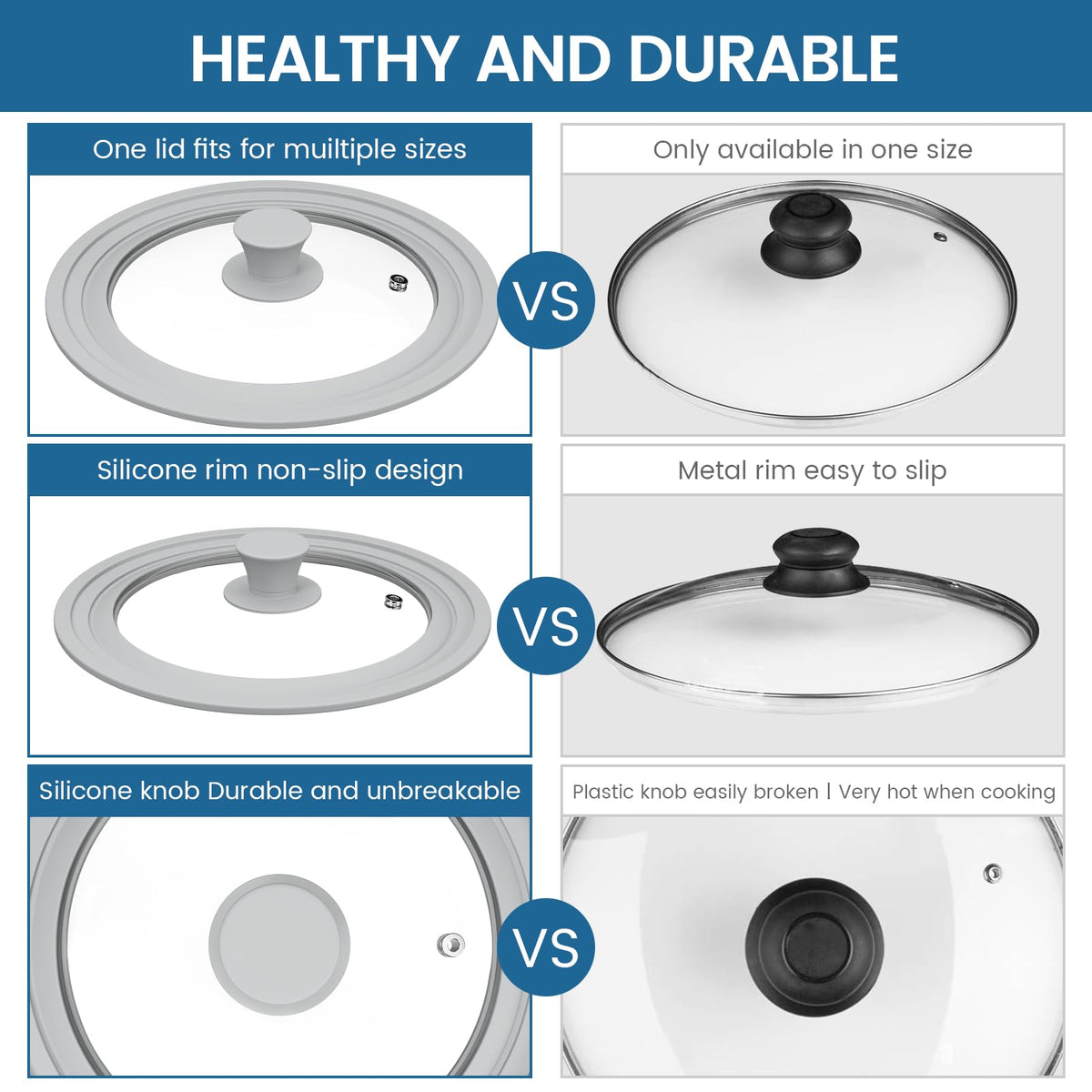 Tempered Glass Universal Lid with Silicone Rim Fits 8" 9" 9.5" Cookware H36817