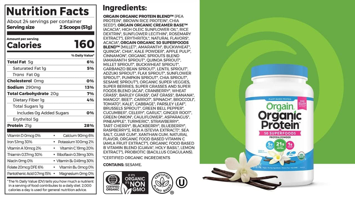 Organic Plant Based Protein Powder Vanilla Bean 2.74 Pound L72118