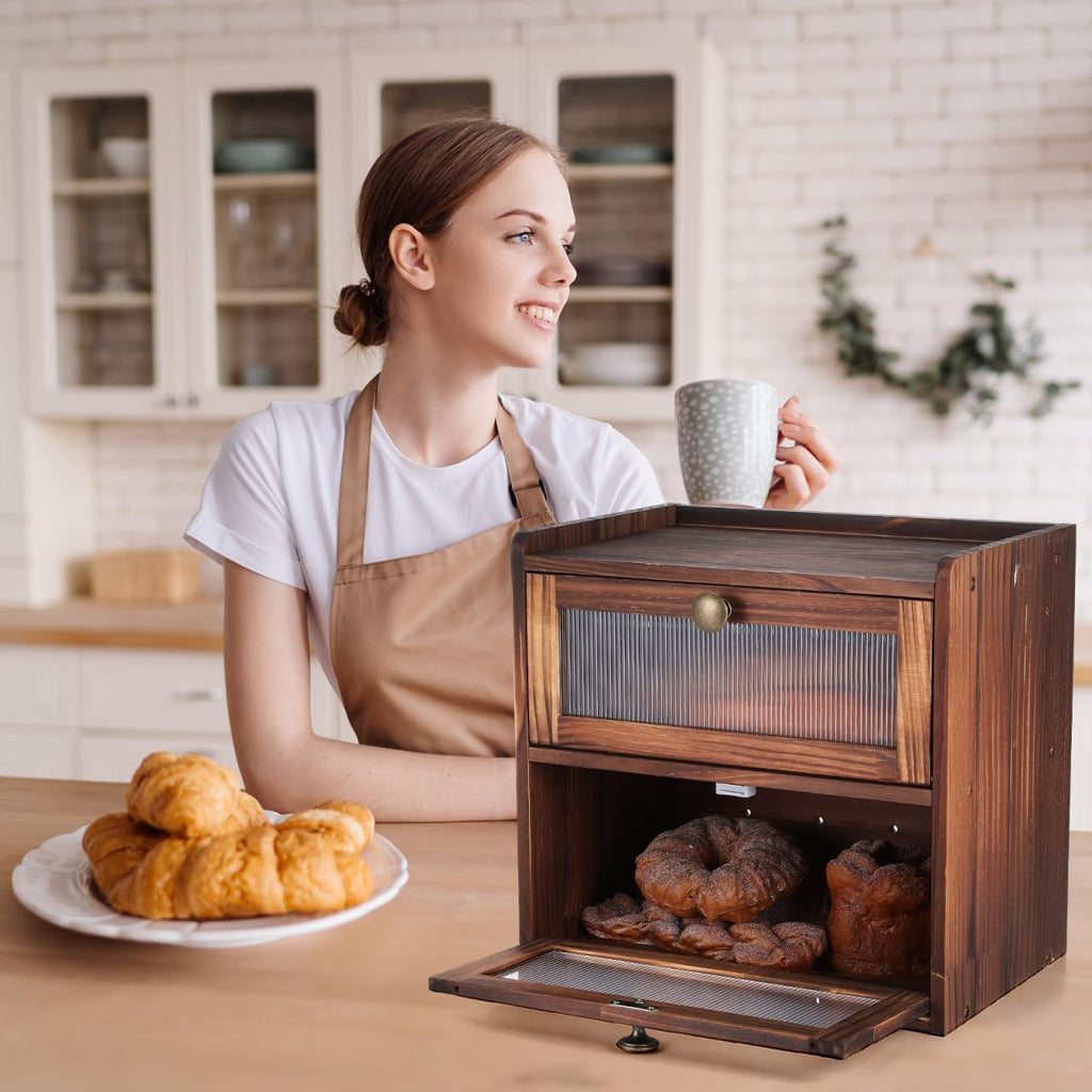 Wooden Bread Box 2 Tier Countertop Storage Organizer C457