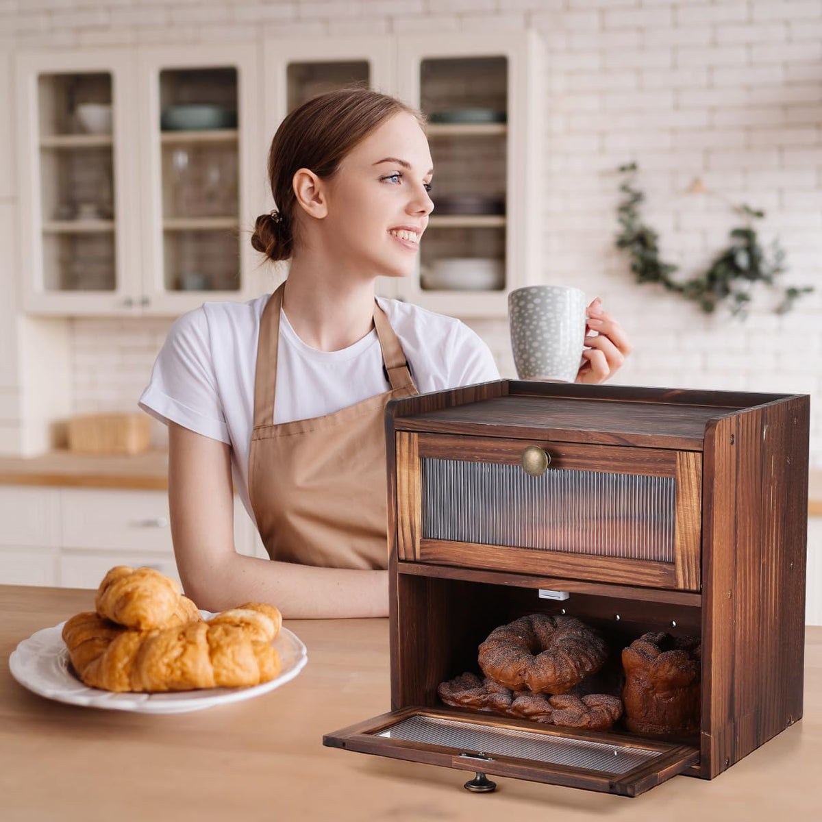 Wooden Bread Box 2 Tier Countertop Storage Organizer C457