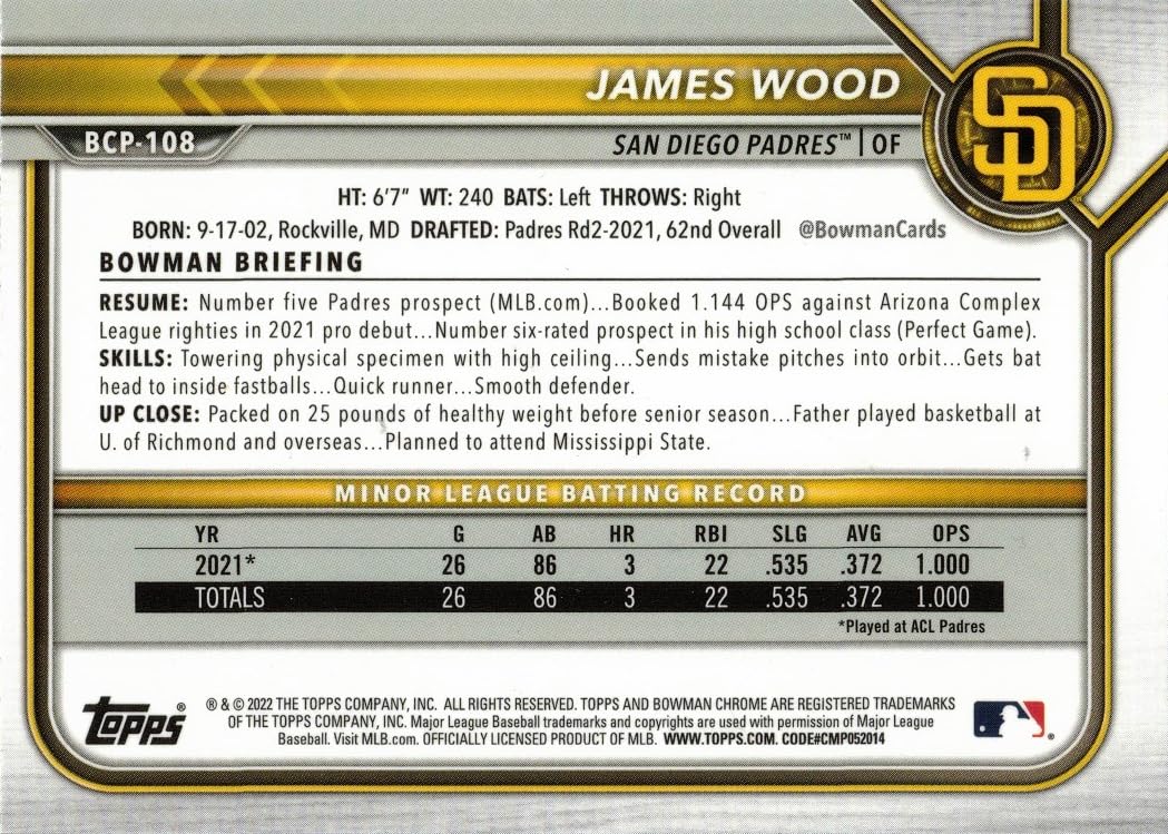 2022 Bowman Chrome Prospects Mega Box Mojo Refractor Baseball #BCP-108 James Wood Pre-Rookie Card I3634