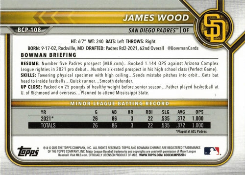2022 Bowman Chrome Prospects Mega Box Mojo Refractor Baseball #BCP-108 James Wood Pre-Rookie Card I3634