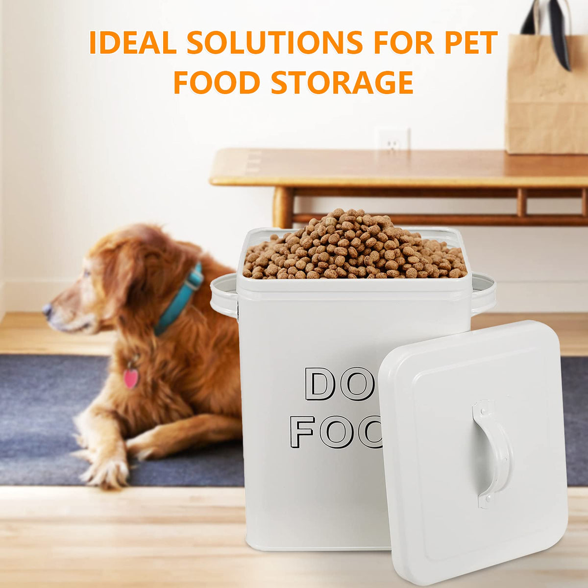 Airtight Dog Treat Container and Food Storage Tin with Lid, Handle, Scoop, 4-5 lbs Capacity, White T2834