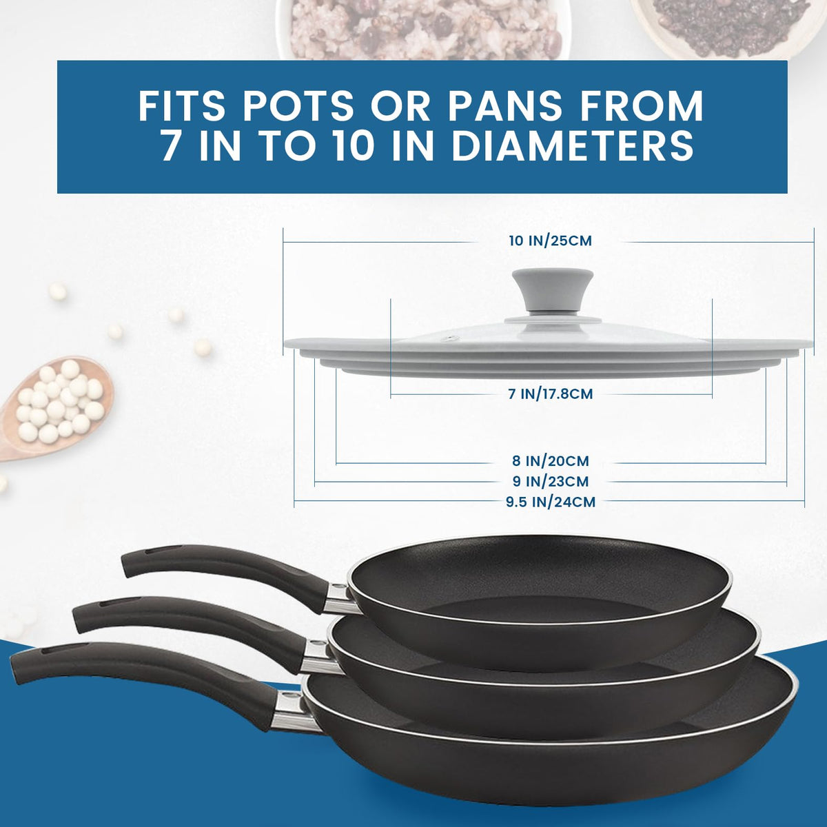 Tempered Glass Universal Lid with Silicone Rim Fits 8" 9" 9.5" Cookware H36817