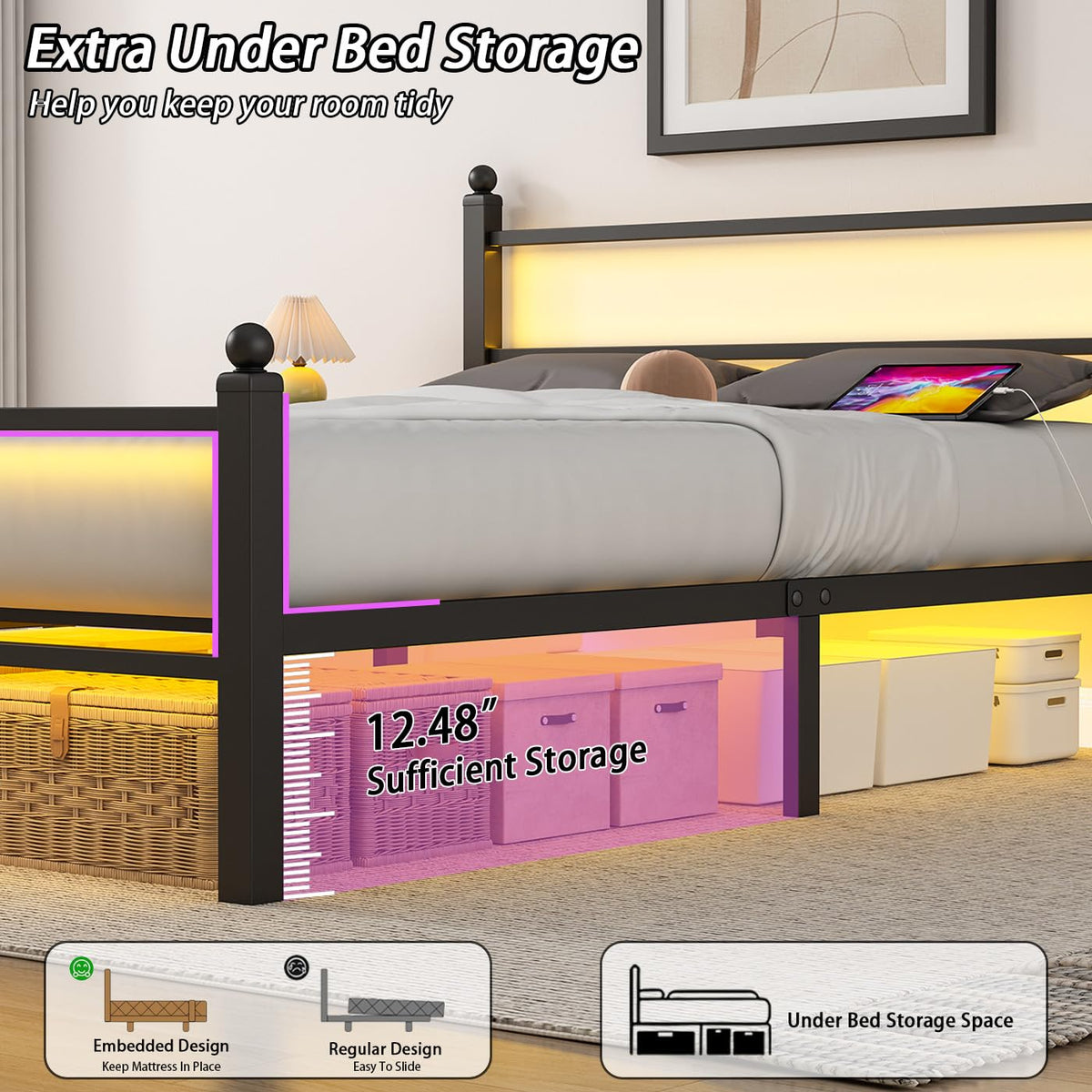 Black Metal Full Size Bed Frame with Headboard and Footboard W675