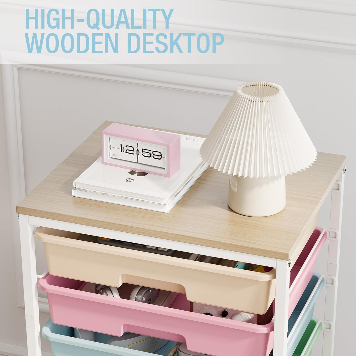 Rolling Storage Cart with 8 Drawers and Wooden Tabletop Q4227
