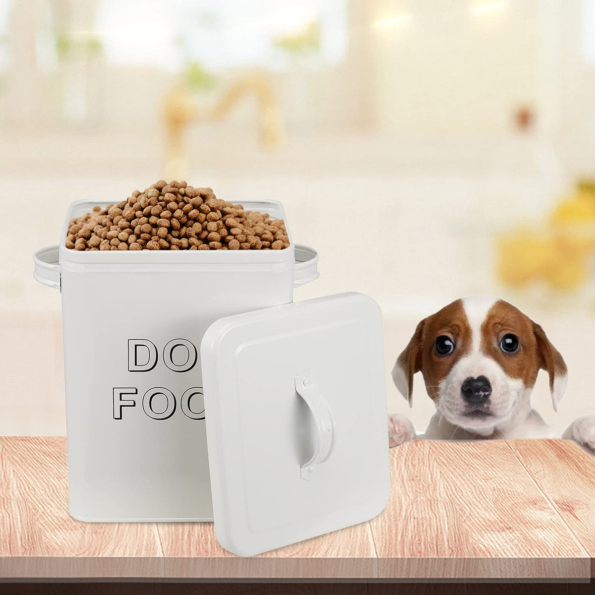 Airtight Dog Treat Container and Food Storage Tin with Lid, Handle, Scoop, 4-5 lbs Capacity, White T2834