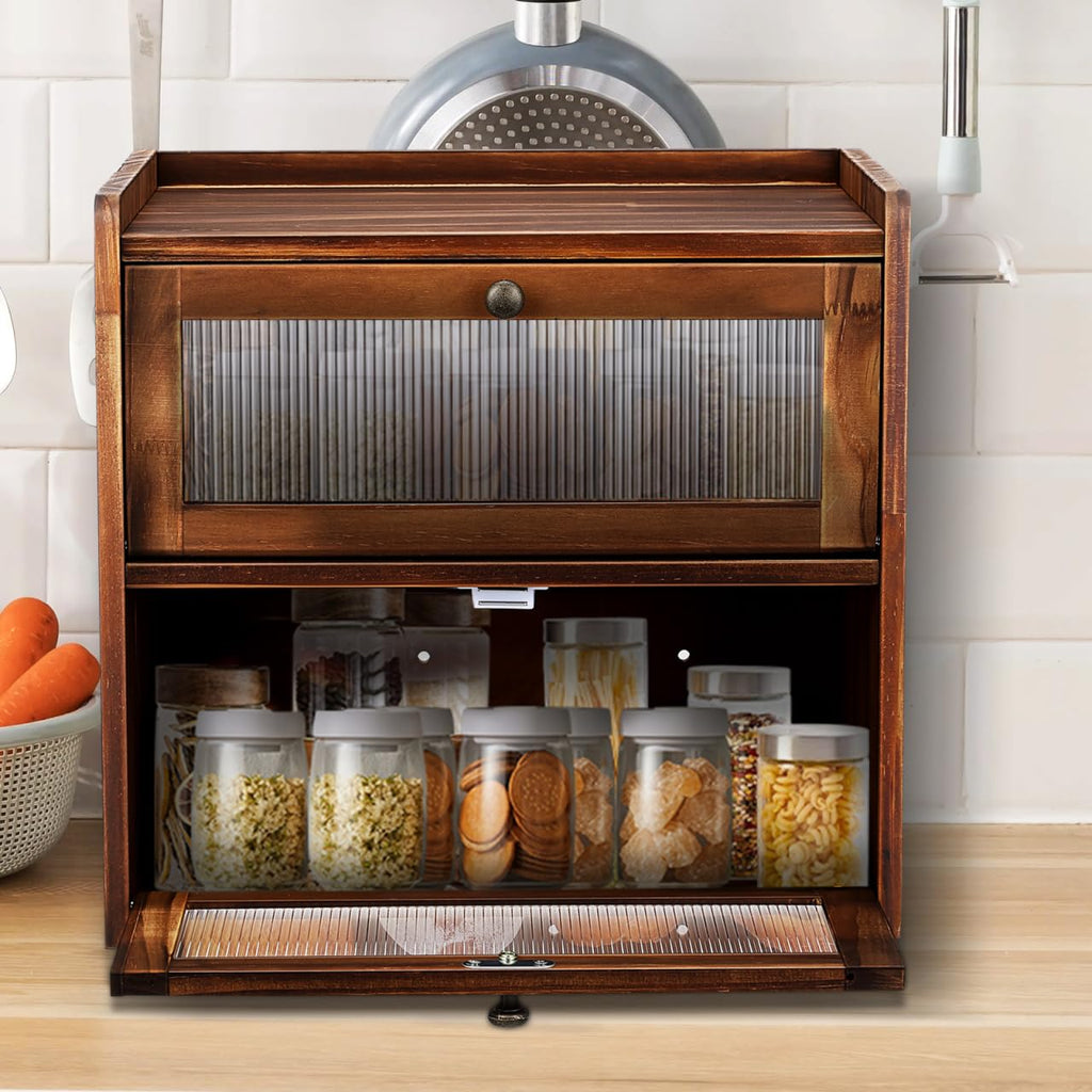 Wooden Bread Box 2 Tier Countertop Storage Organizer C457