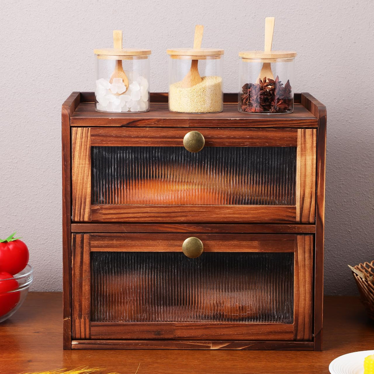 Wooden Bread Box 2 Tier Countertop Storage Organizer C457